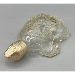 Vtg AVON Glass Turtle Bottle Figurine With Gold Tone Textured Head
